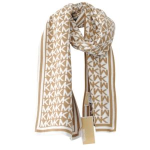 Michael Kors Bordered MK Logo Print Muffler Scarf, Camel/Cream